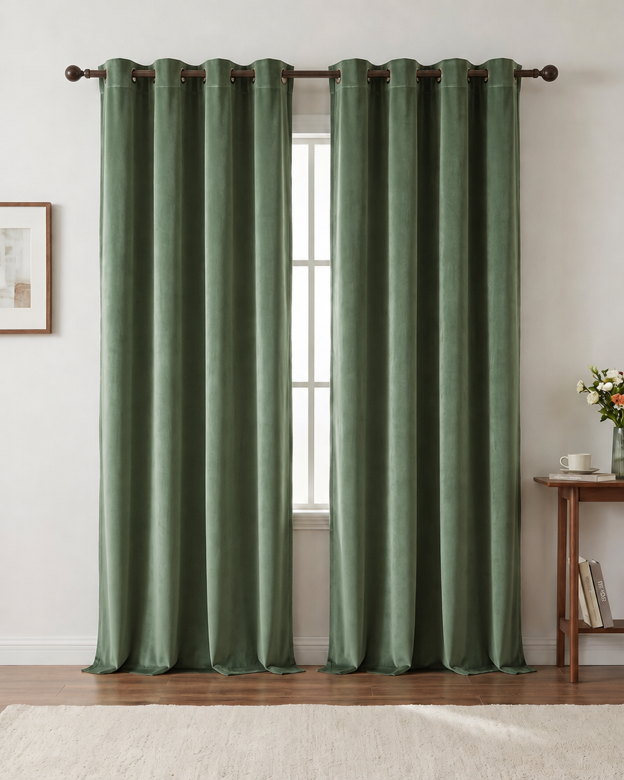Sagegreen velvet grommet curtains — furnished home styling visualization