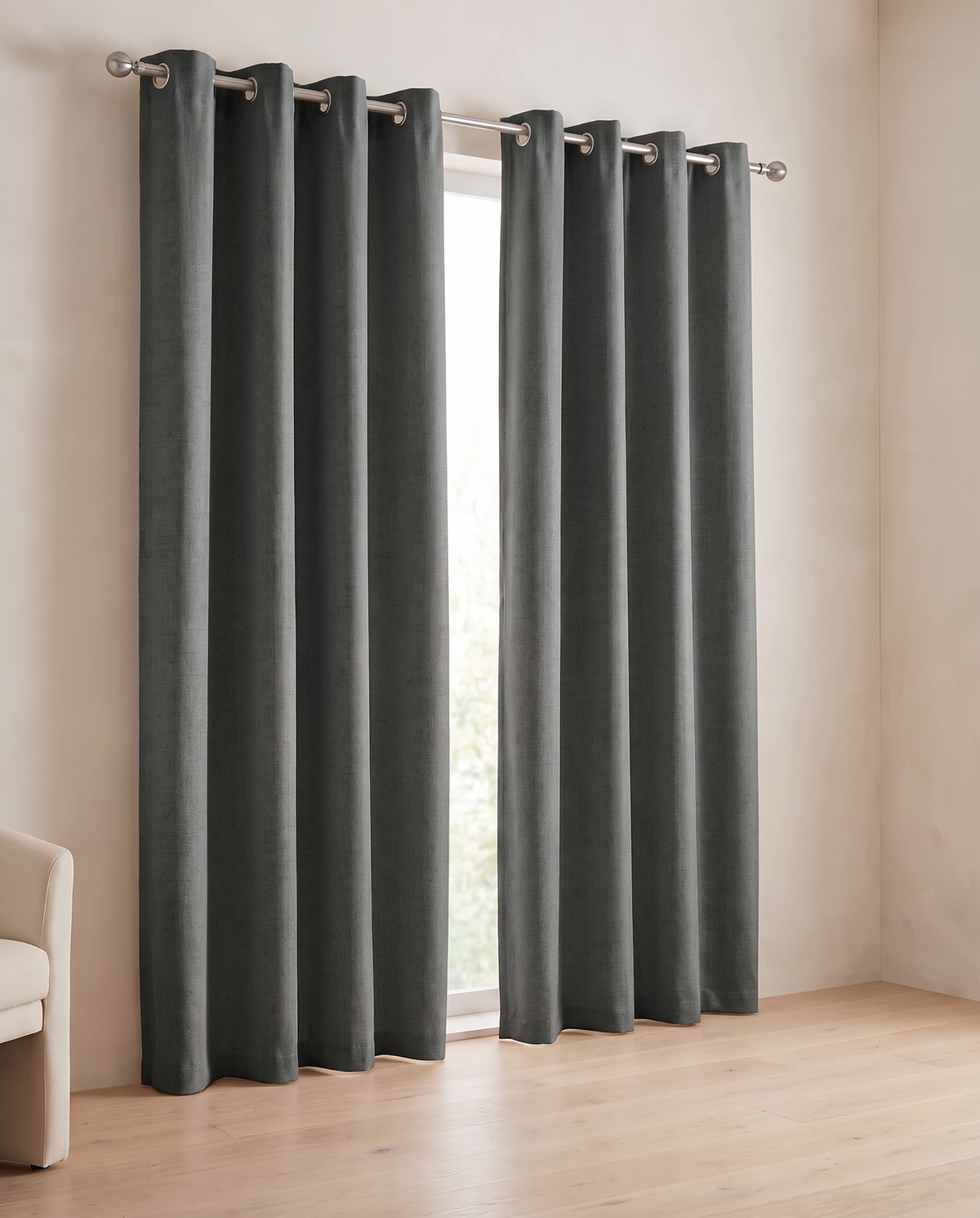 Dark Grey grommet curtains, corrected two-panel room styling visualization