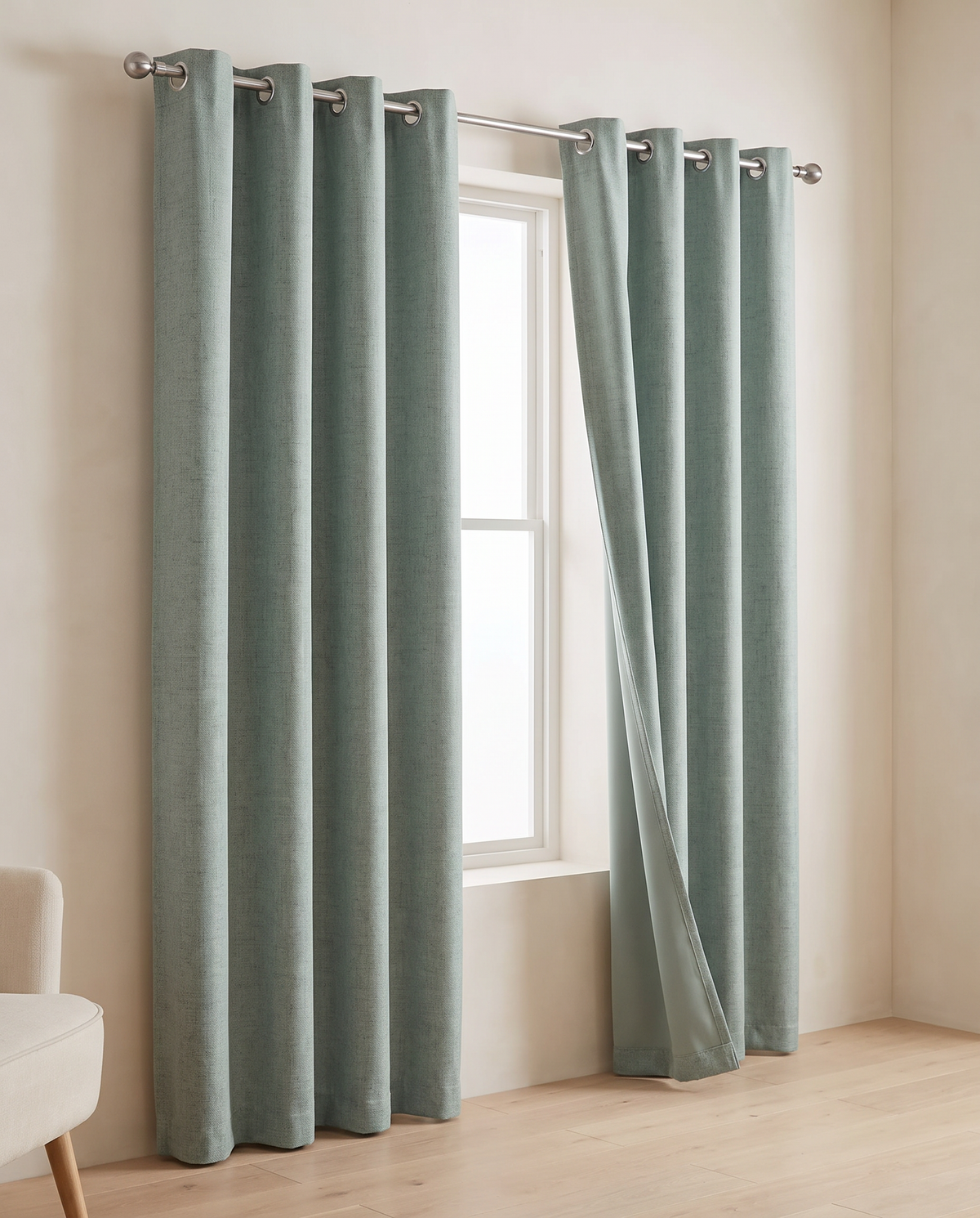 Sage Green grommet curtains, two-panel room styling visualization