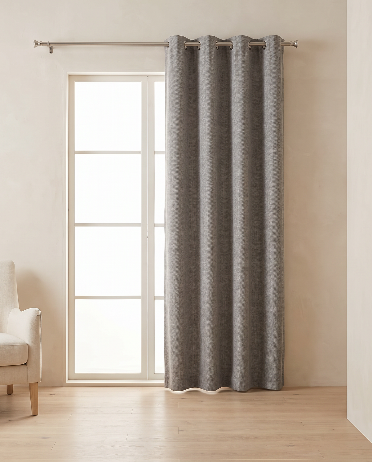 Dark Grey grommet curtains, single-panel room styling visualization