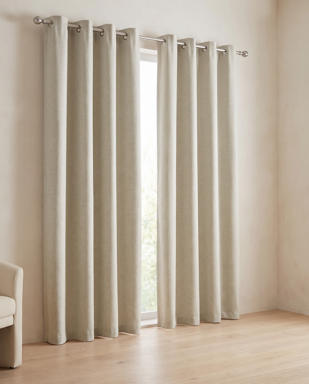 Light Beige grommet curtains, two-panel room styling visualization