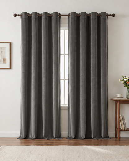 Dark Gray velvet grommet curtains — furnished home styling visualization