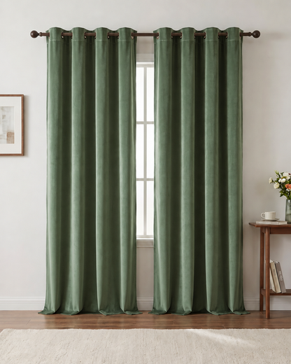 Sagegreen velvet grommet curtains — furnished home styling visualization