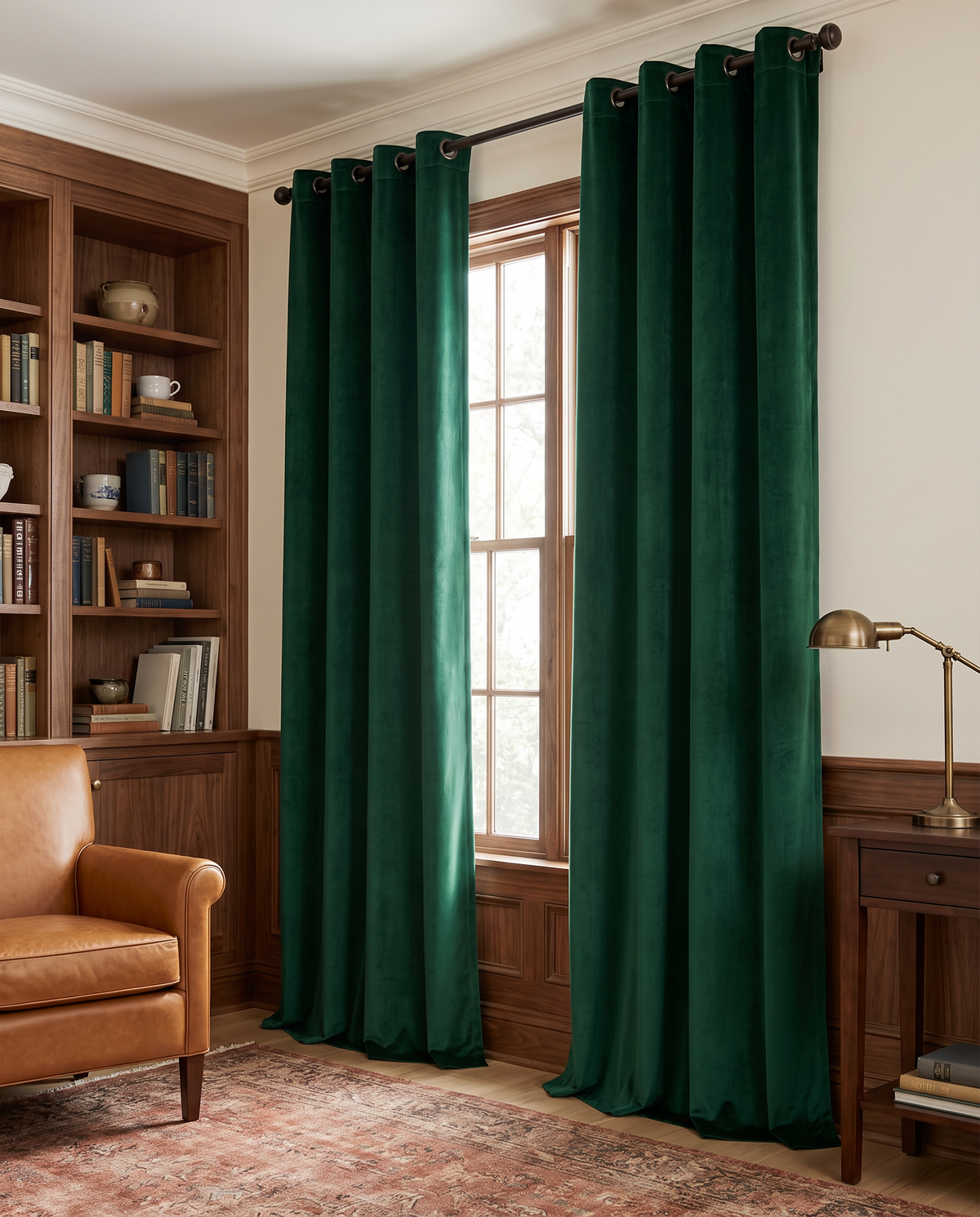 Velvet Grommet Curtains in Dark Green — furnished home styling visualization