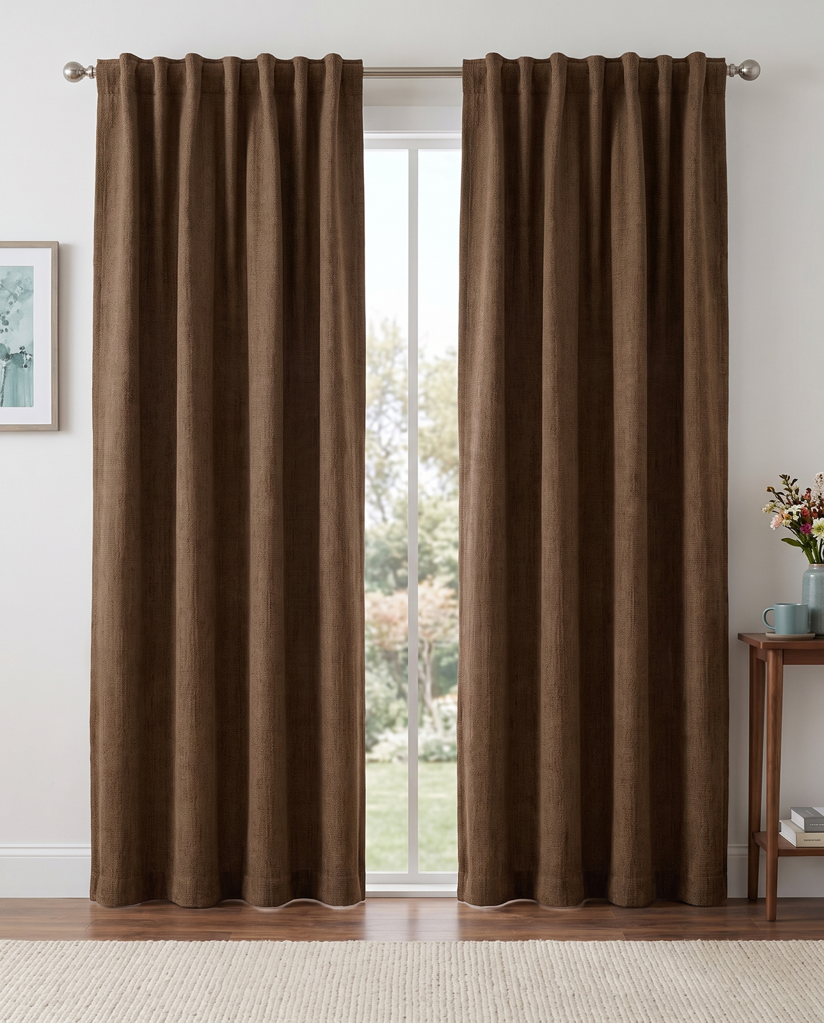 Cappuccino backtab curtain pair room view, styling visualization