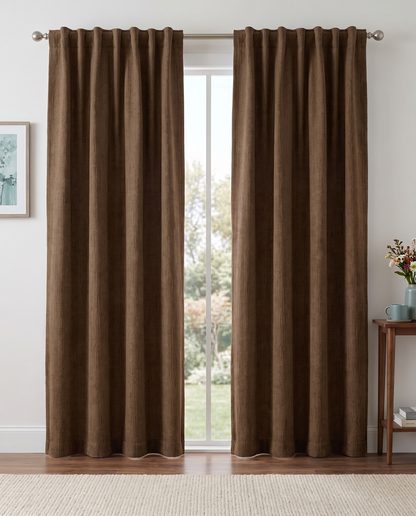 Cappuccino backtab curtain pair room view, styling visualization