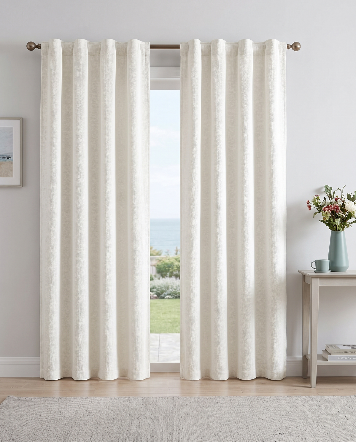 Ivory backtab curtain pair room view, styling visualization