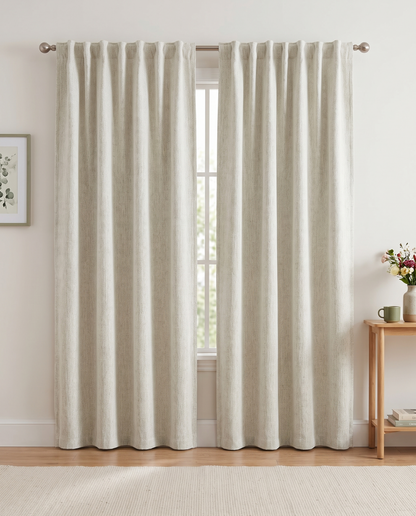 Light Beige backtab curtain pair room view, styling visualization