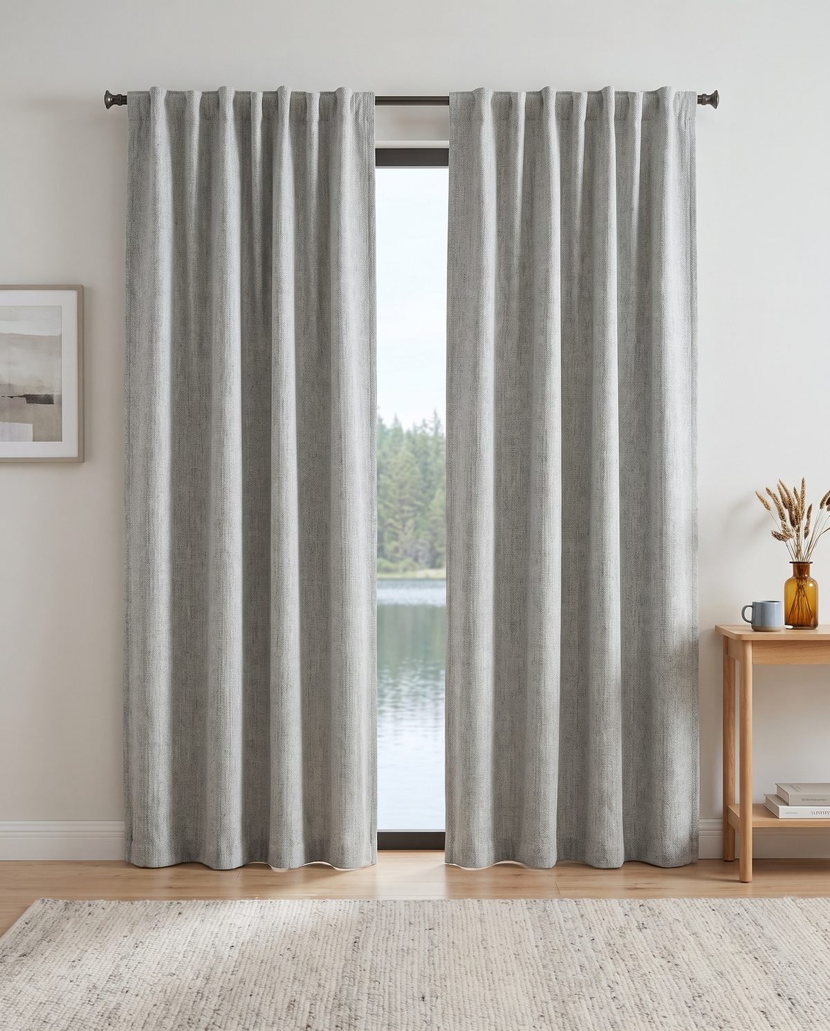 Light Grey backtab curtain pair room view, styling visualization