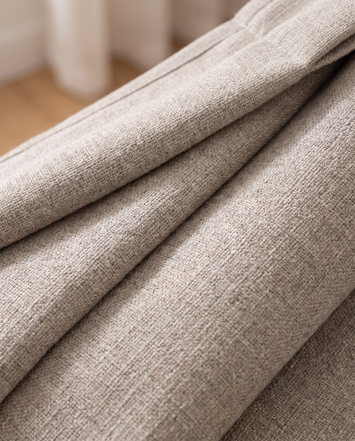 Linen backtab curtain fabric detail, styling visualization