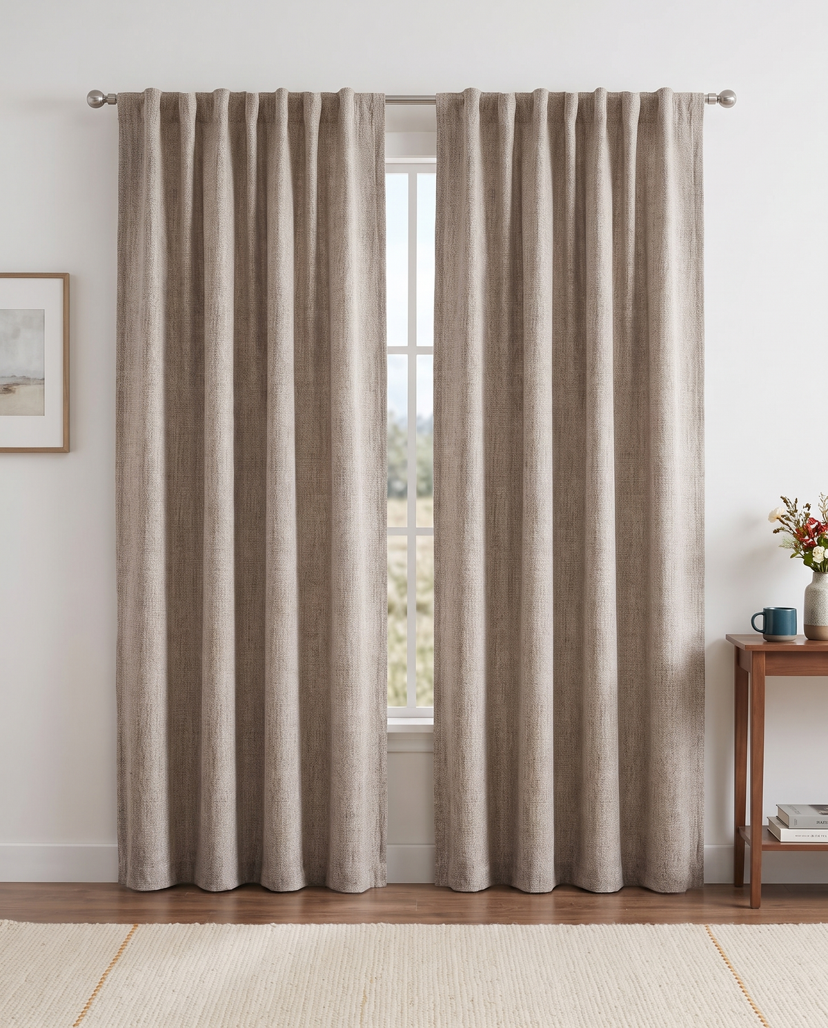 Linen backtab curtain pair room view, styling visualization