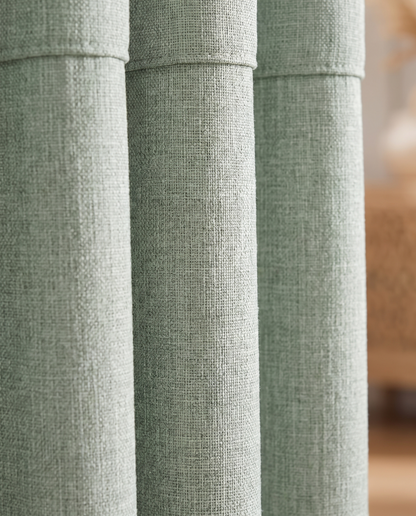 Sage Green backtab curtain fabric detail, styling visualization