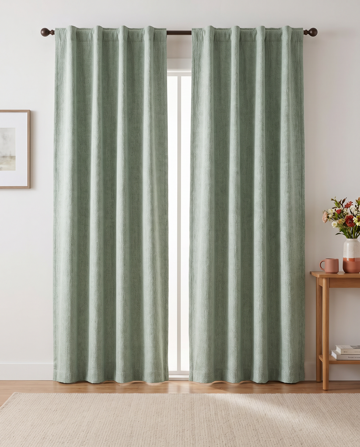 Sage Green backtab curtain pair room view, styling visualization