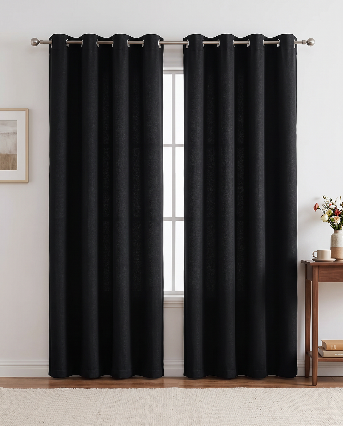 Black grommet curtain pair room view, styling visualization