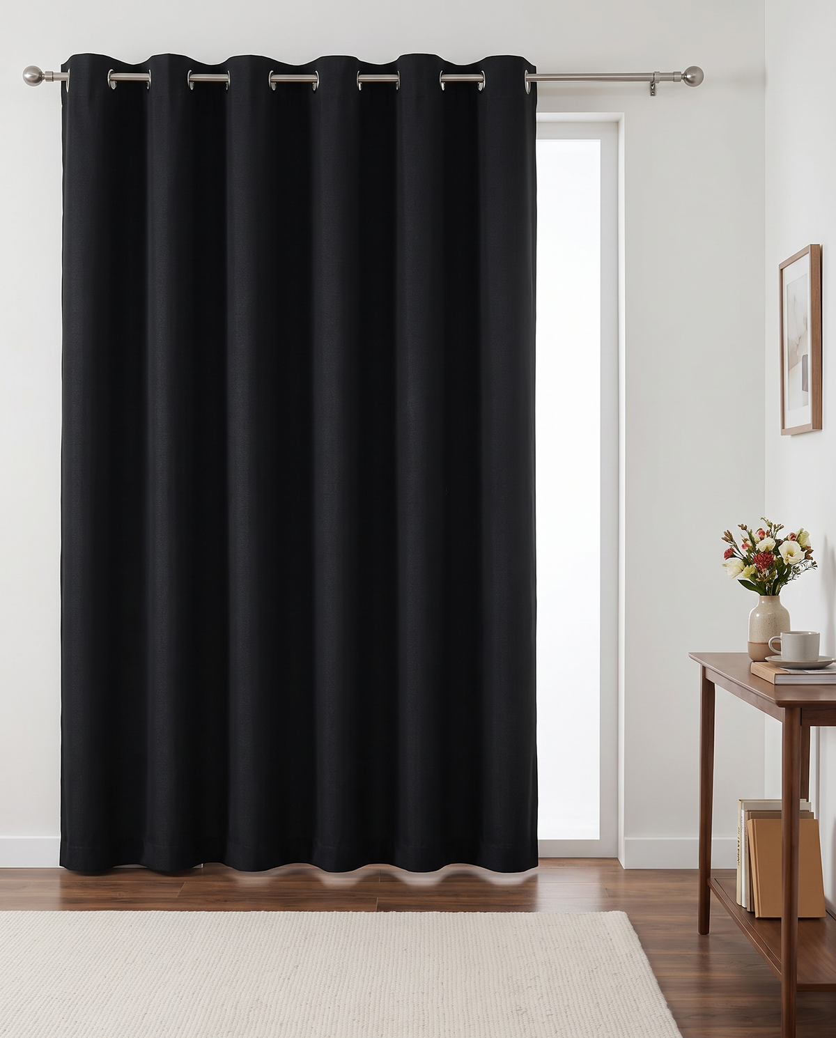 Black grommet curtain single room view, styling visualization