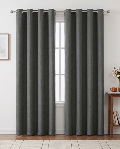 Dark Grey grommet curtain pair room view, styling visualization