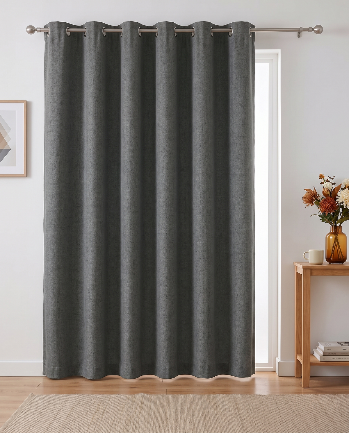 Dark Grey grommet curtain single room view, styling visualization