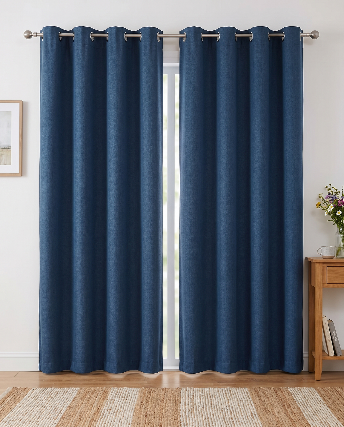 Denim Blue grommet curtain pair room view, styling visualization
