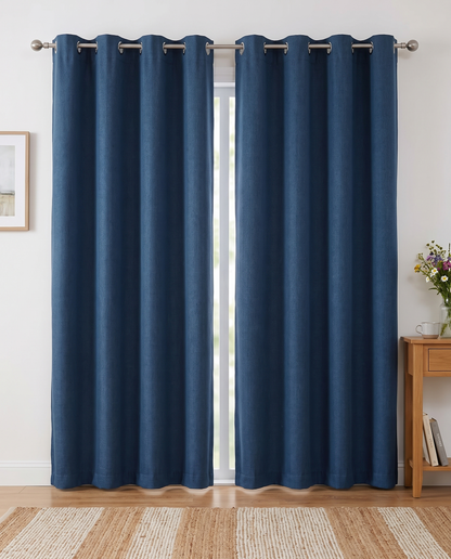 Denim Blue grommet curtain pair room view, styling visualization