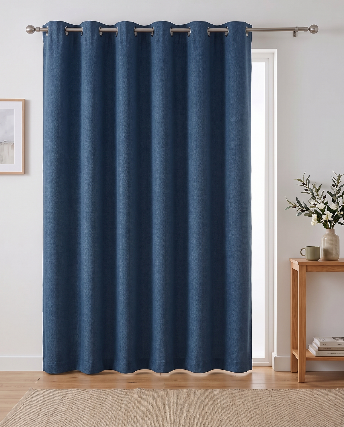 Denim Blue grommet curtain single room view, styling visualization