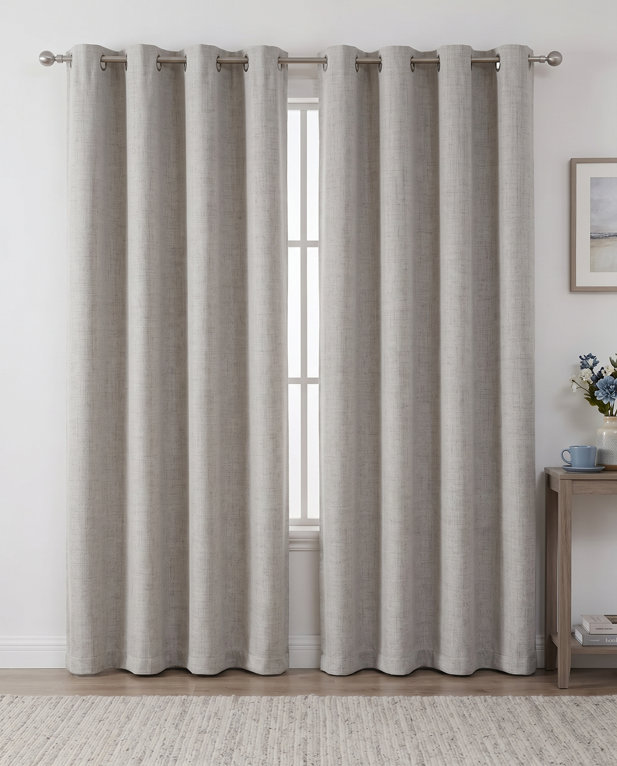 Alabaster grommet curtain pair room view, styling visualization