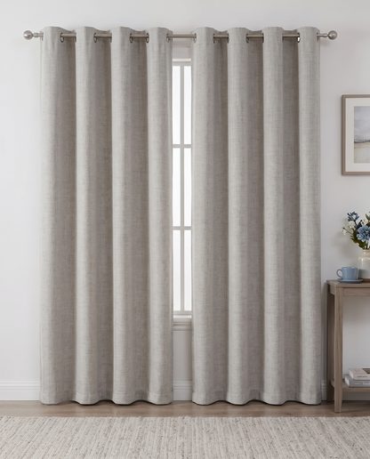 Alabaster grommet curtain pair room view, styling visualization