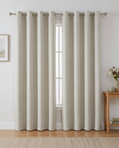 Light Beige grommet curtain pair room view, styling visualization
