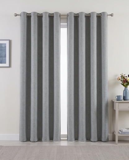 Light Grey grommet curtain pair room view, styling visualization