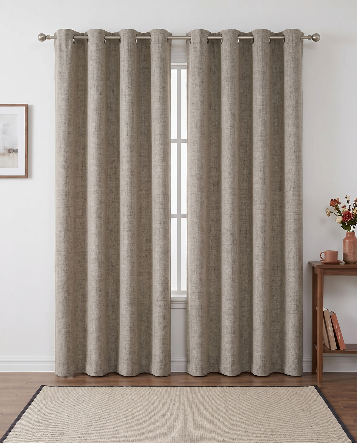 Linen grommet curtain pair room view, styling visualization