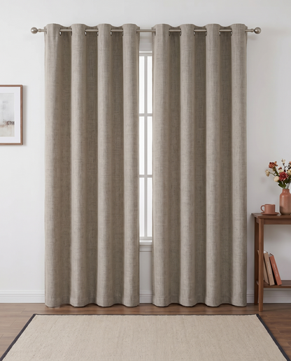Linen grommet curtain pair room view, styling visualization