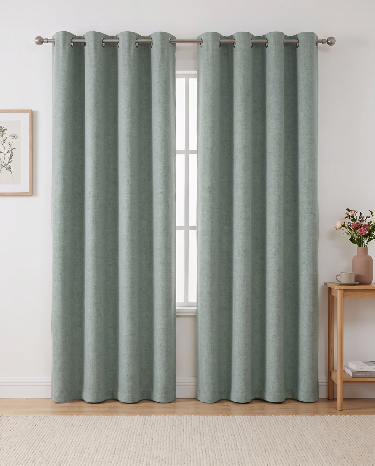 Sage Green grommet curtain pair room view, styling visualization