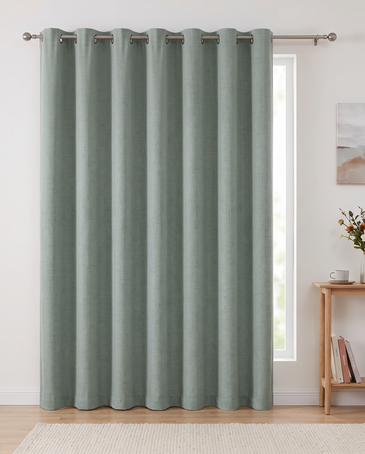Sage Green grommet curtain single room view, styling visualization