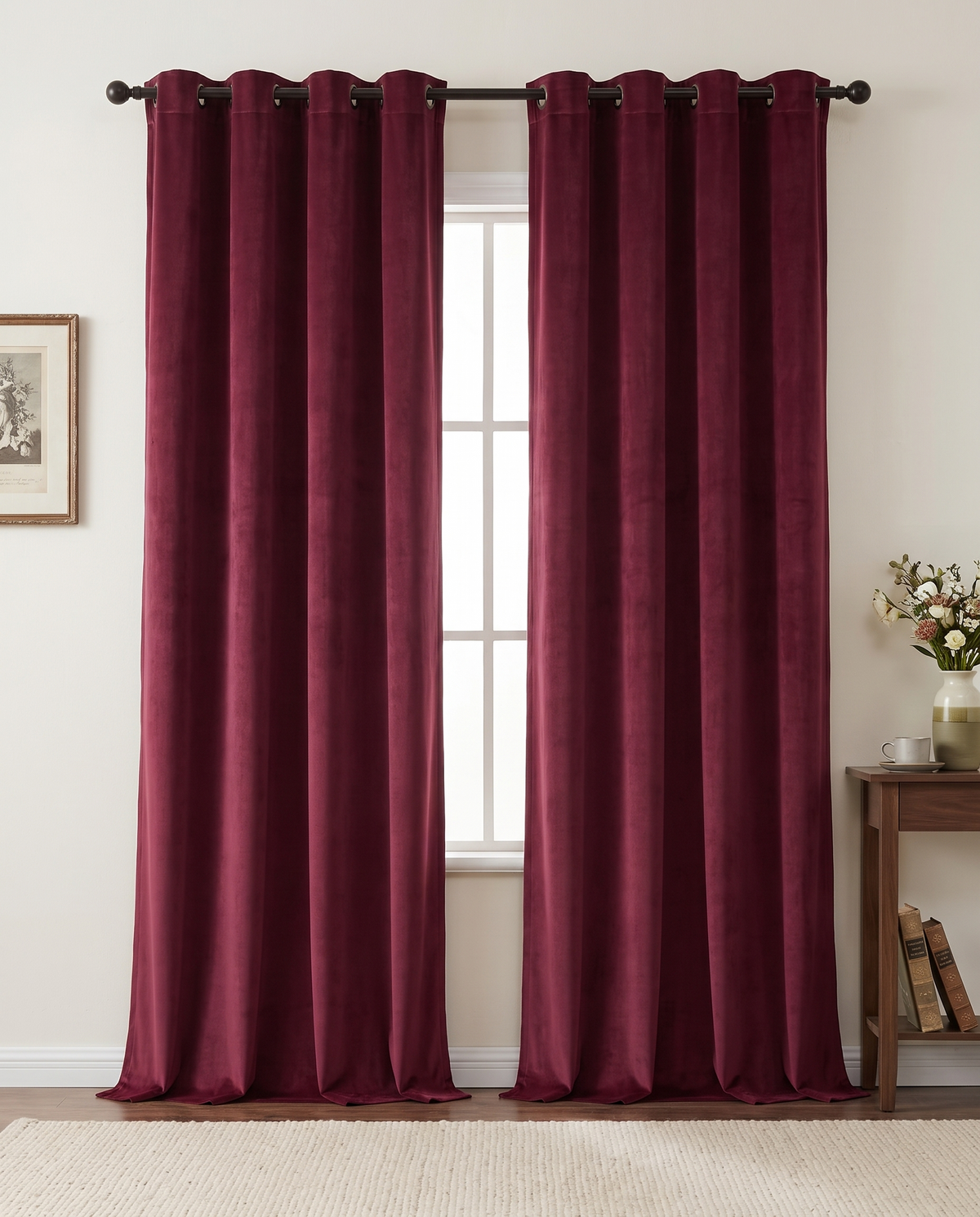 Burgundy Color velvet curtain pair room view, styling visualization
