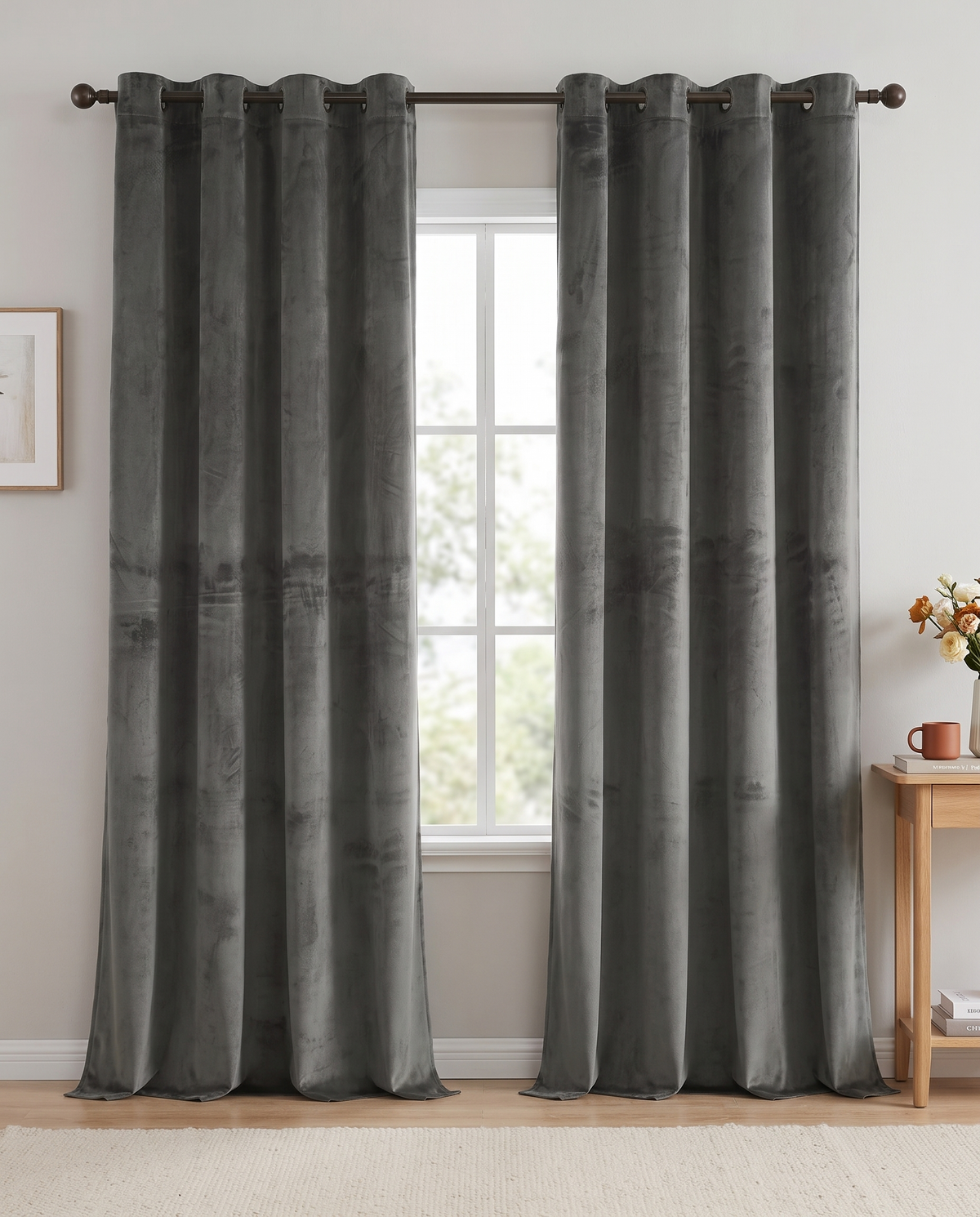 Dark Gray velvet curtain pair room view, styling visualization