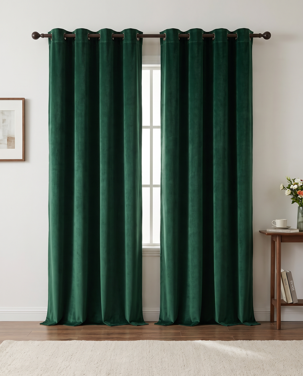Dark Green velvet curtain pair room view, styling visualization