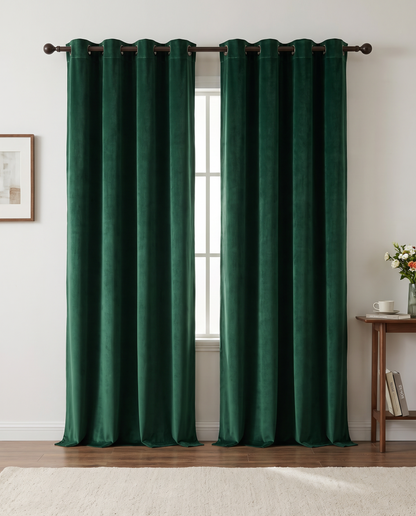 Dark Green velvet curtain pair room view, styling visualization