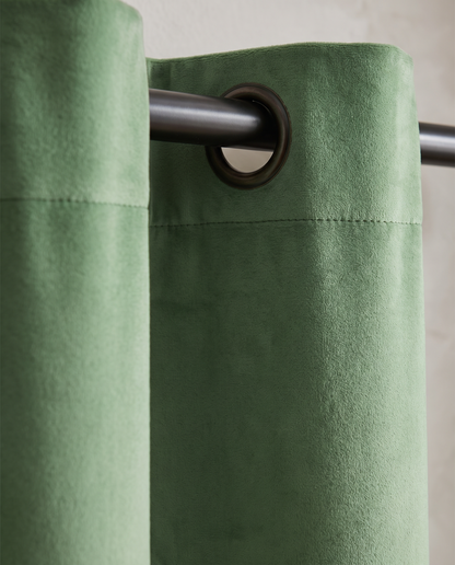 Sagegreen velvet curtain fabric detail, styling visualization