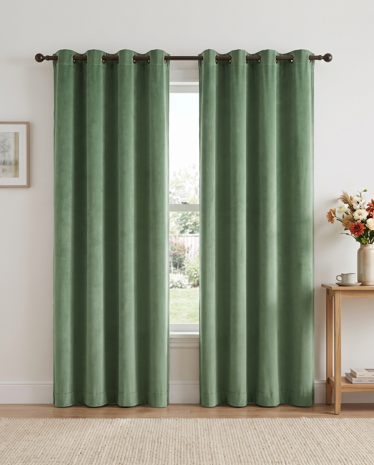 Sagegreen velvet curtain pair room view, styling visualization