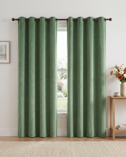 Sagegreen velvet curtain pair room view, styling visualization