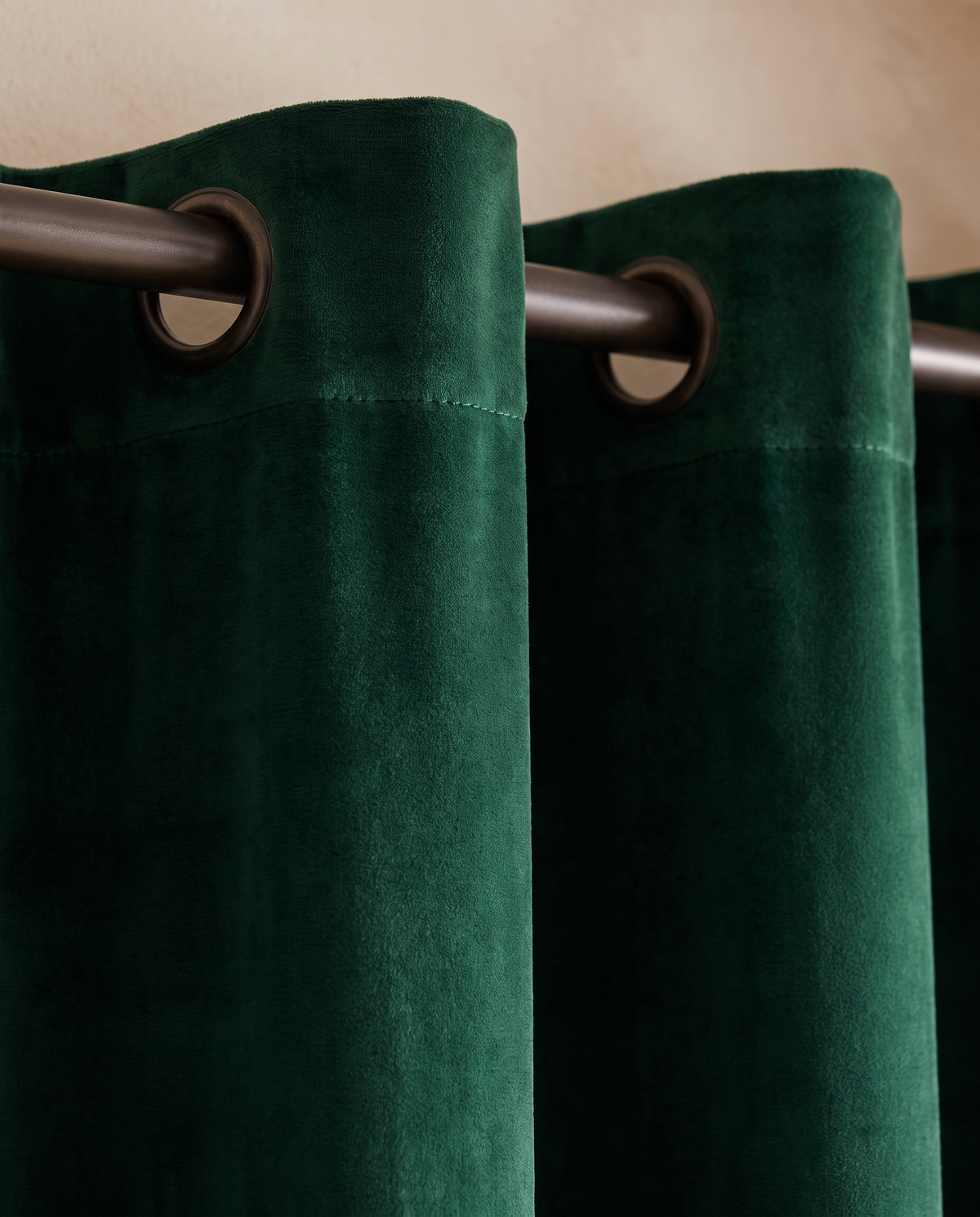 Dark Green velvet grommet curtains — fabric close-up, styling visualization