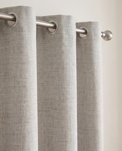 Greyish White woven grommet curtain detail styling visualization