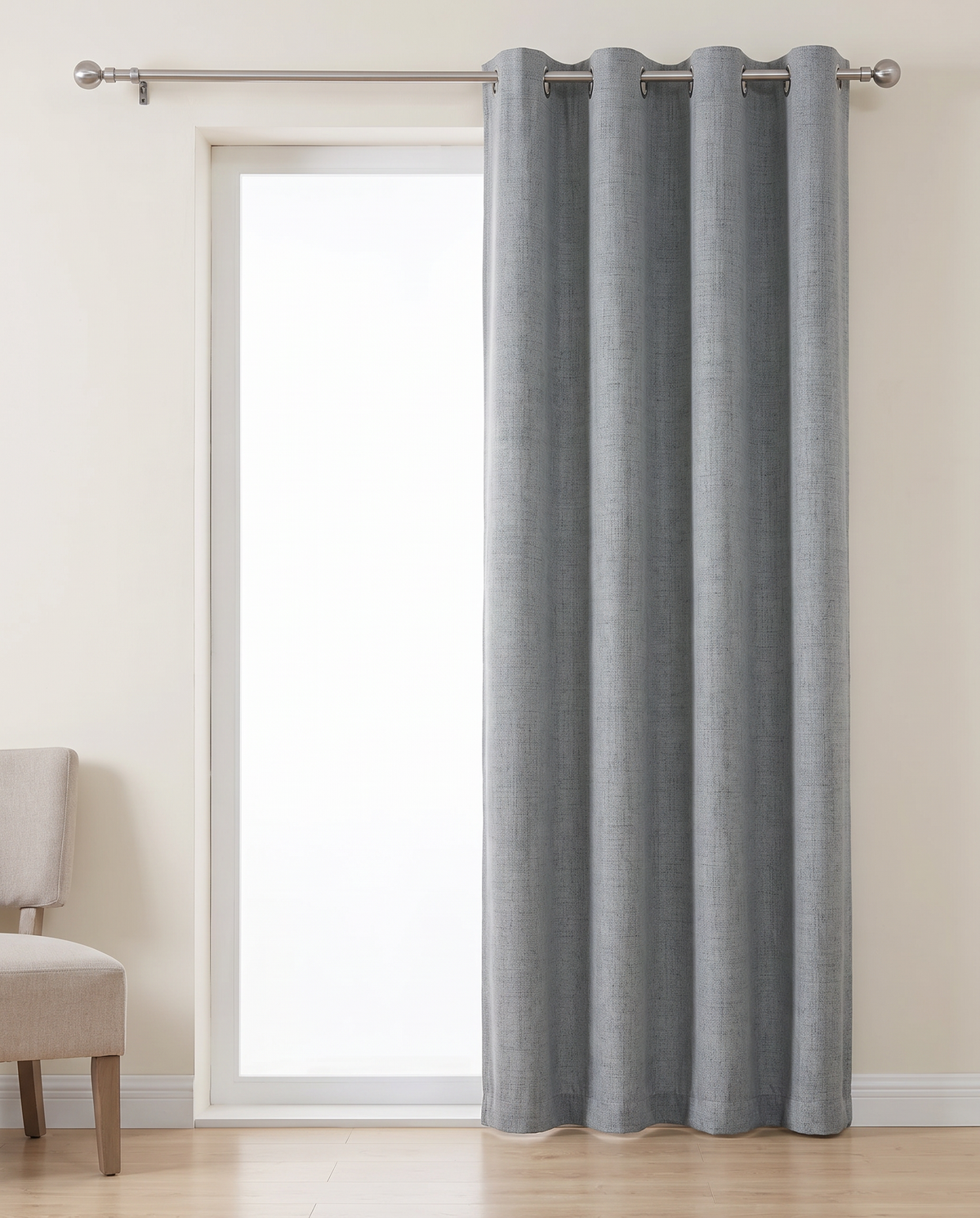 Light Grey grommet curtain, corrected single-panel room styling visualization