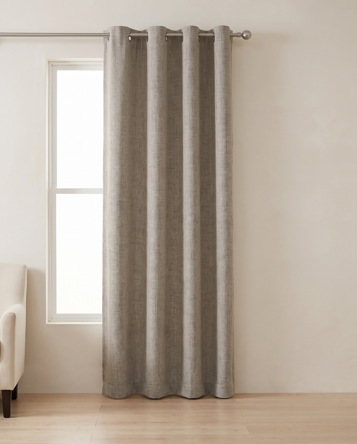 Linen grommet curtains, single-panel room styling visualization