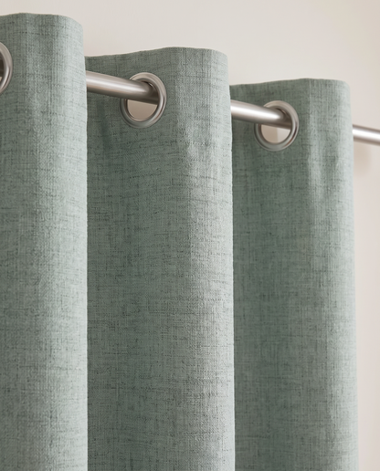 Sage Green woven grommet curtain detail styling visualization