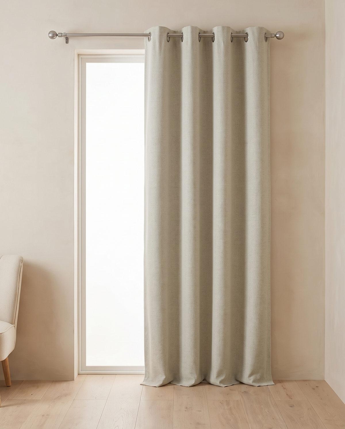 Light Beige grommet curtains, single-panel room styling visualization