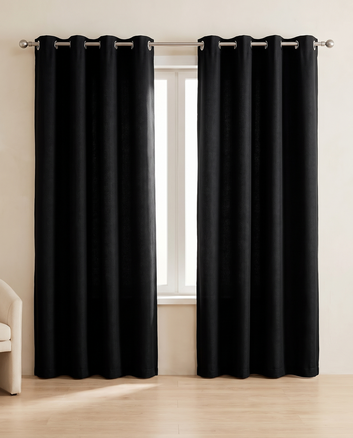 Black grommet curtains, two-panel room styling visualization