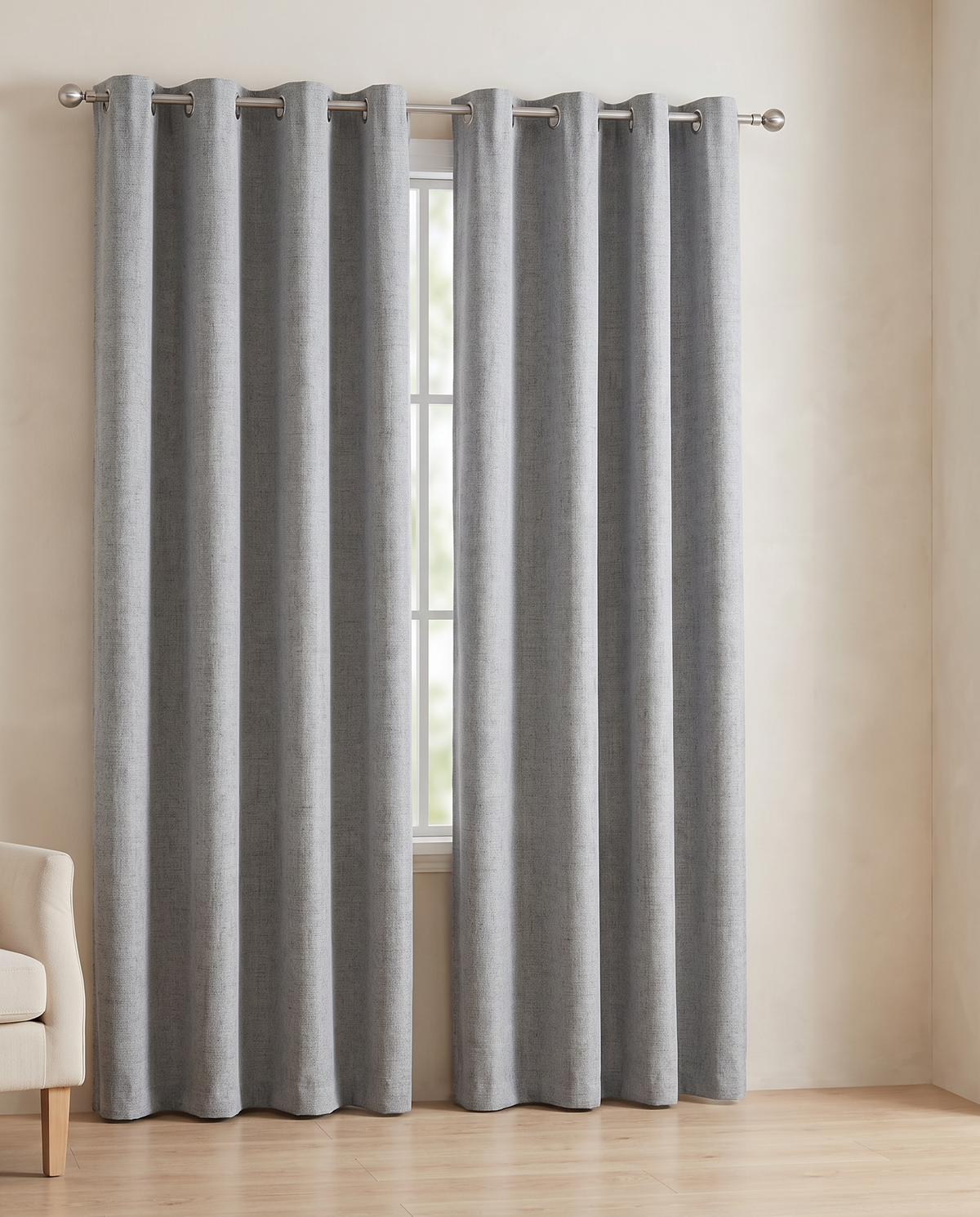 Light Grey grommet curtains, two-panel room styling visualization