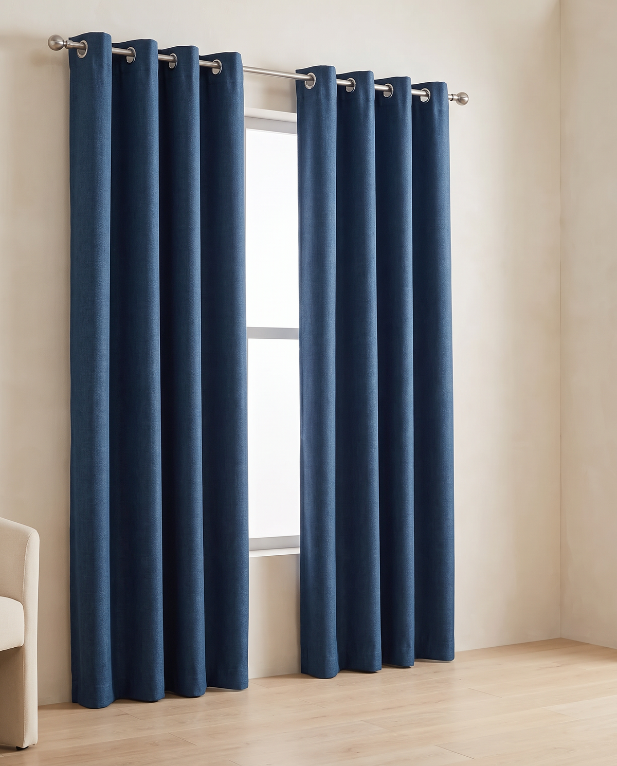 Denim Blue grommet curtains, two-panel room styling visualization