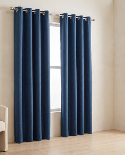 Denim Blue grommet curtains, two-panel room styling visualization
