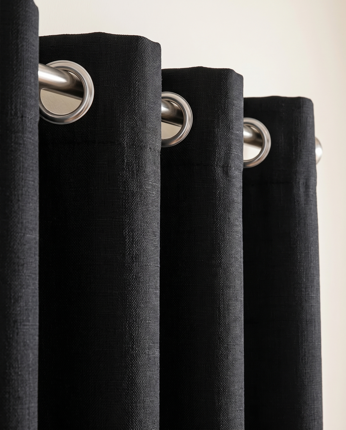 Black woven grommet curtain detail styling visualization